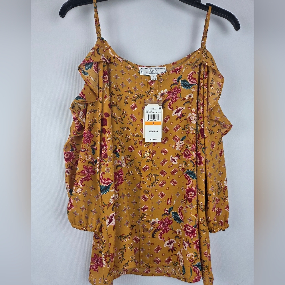 Hippy Rose Teen Spirit Golden Mirage Tile  Floral Off - Shoulder Sleeves Size S